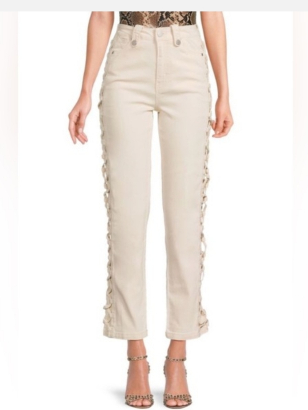 Habitual Side Lace Up High Rise Straight Leg Jeans Cream Off-White Size 6/28 - Picture 2 of 9